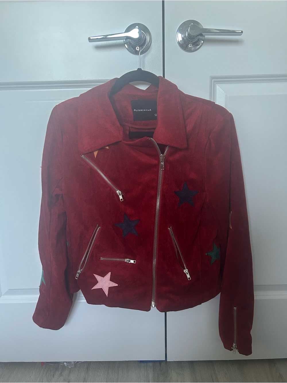 Olivaceous Red Suede Star Patch Moto Jacket